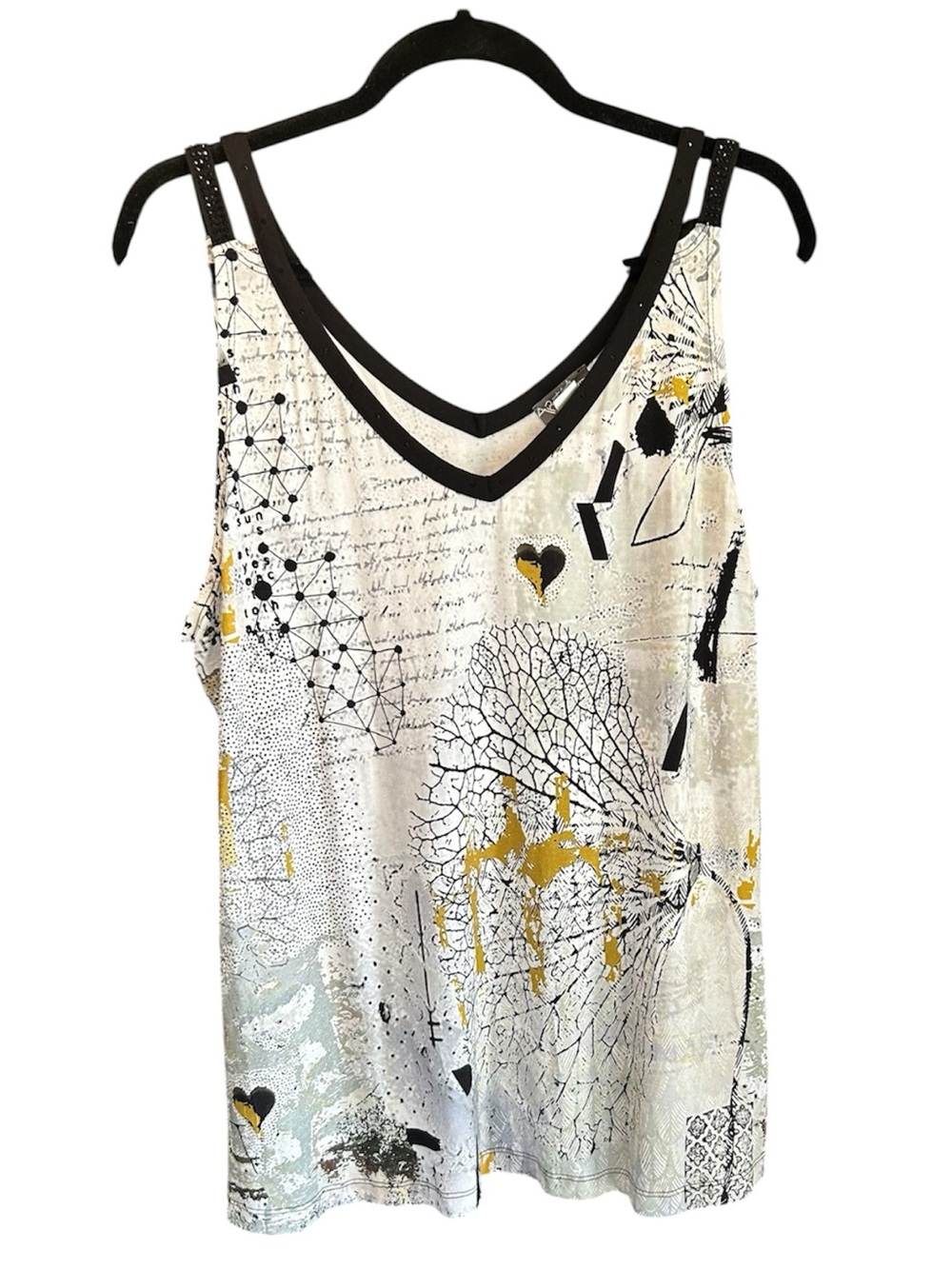 Dolcezza Sleeveless V-Neck Printed Tank Top with Black Trim and Gold Detail